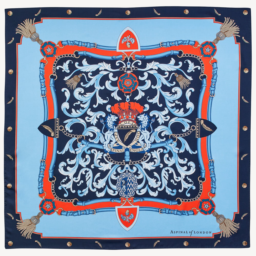 Aspinal Signature Shield Silk Scarf Navy & Burnt Sienna Pure Silk