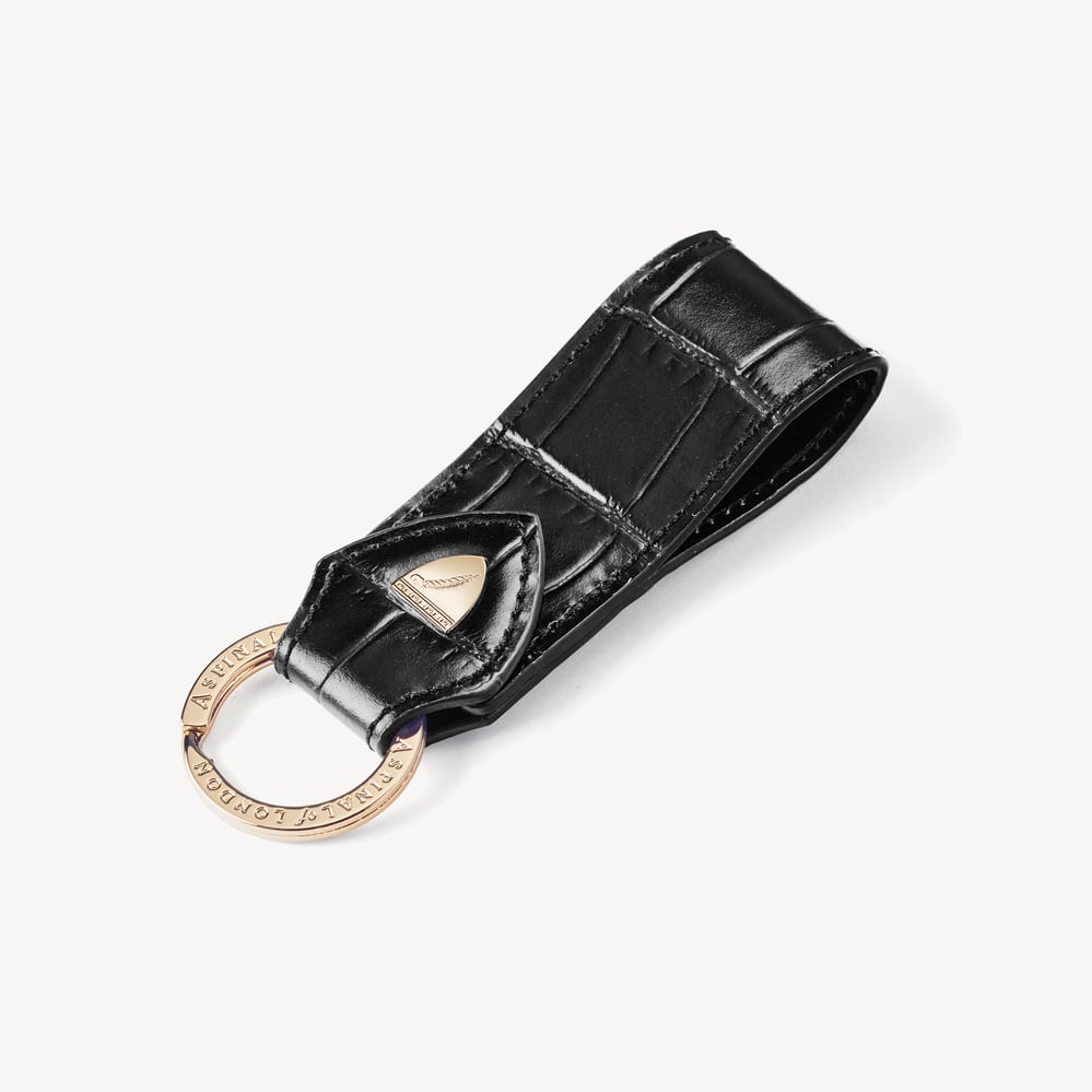 Small Leather Loop Keyring Deep Shine Black Croc
