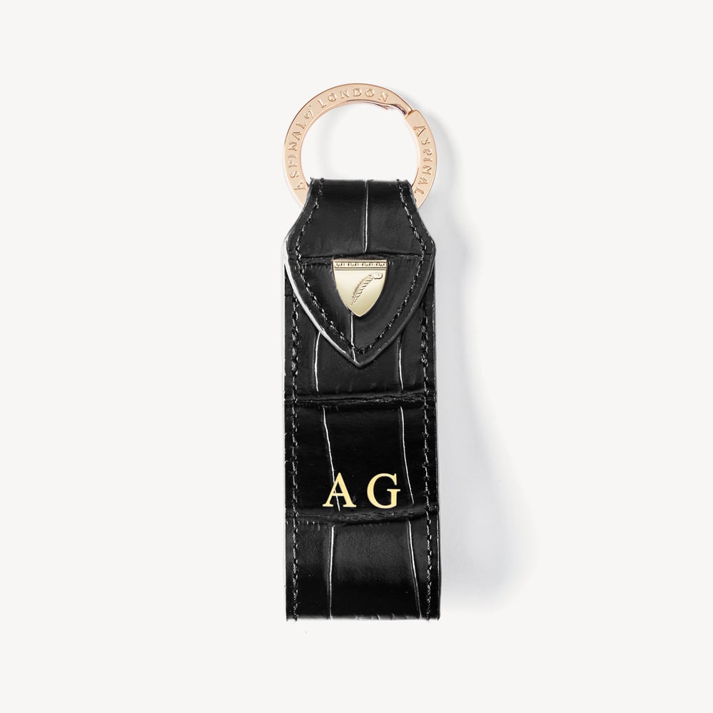Small Leather Loop Keyring Deep Shine Black Croc