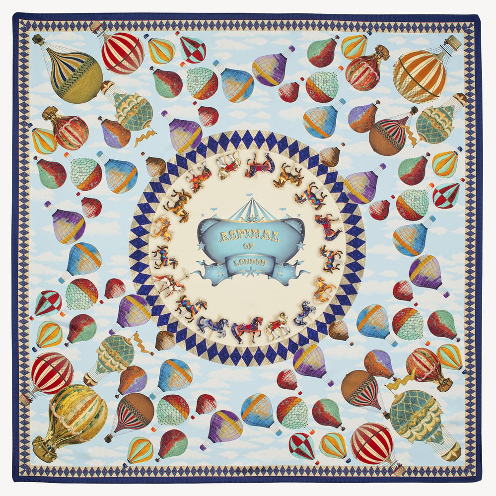 Hot Air Balloon Silk Scarf Navy Pure Silk