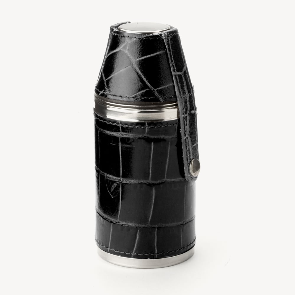 6oz Hunter Leather Flask Deep Shine Black Croc & Cobalt Blue Suede