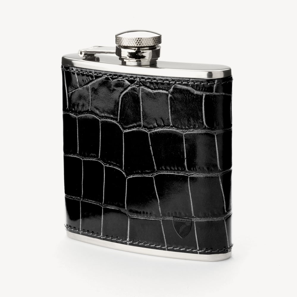 Classic 5oz Leather Hip Flask Deep Shine Black Croc
