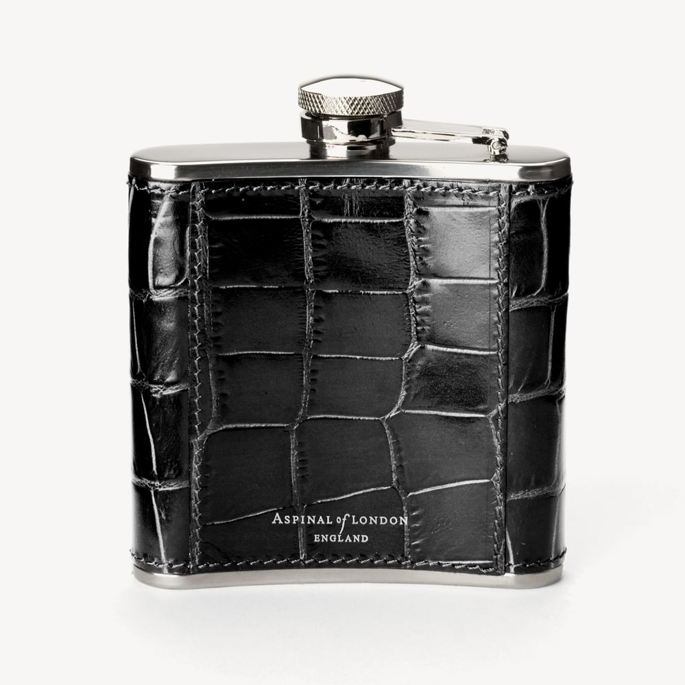 Classic 5oz Leather Hip Flask Deep Shine Black Croc