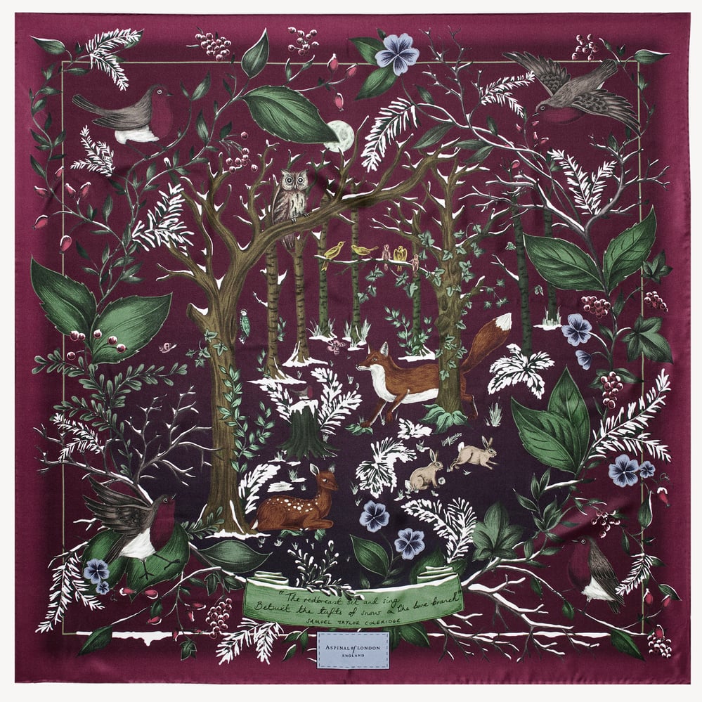 Woodland Silk Scarf Burgundy Pure Silk