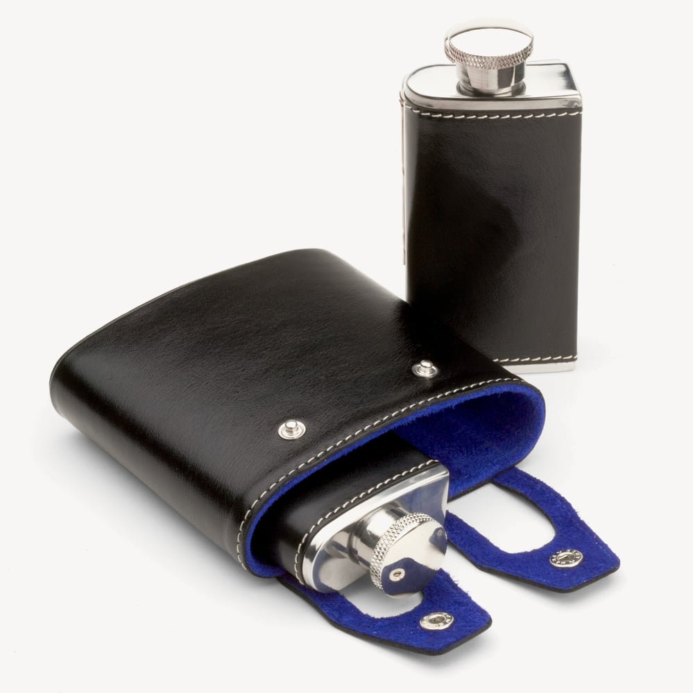 Double 6oz Leather Hip Flask Smooth Black & Cobalt Blue Suede