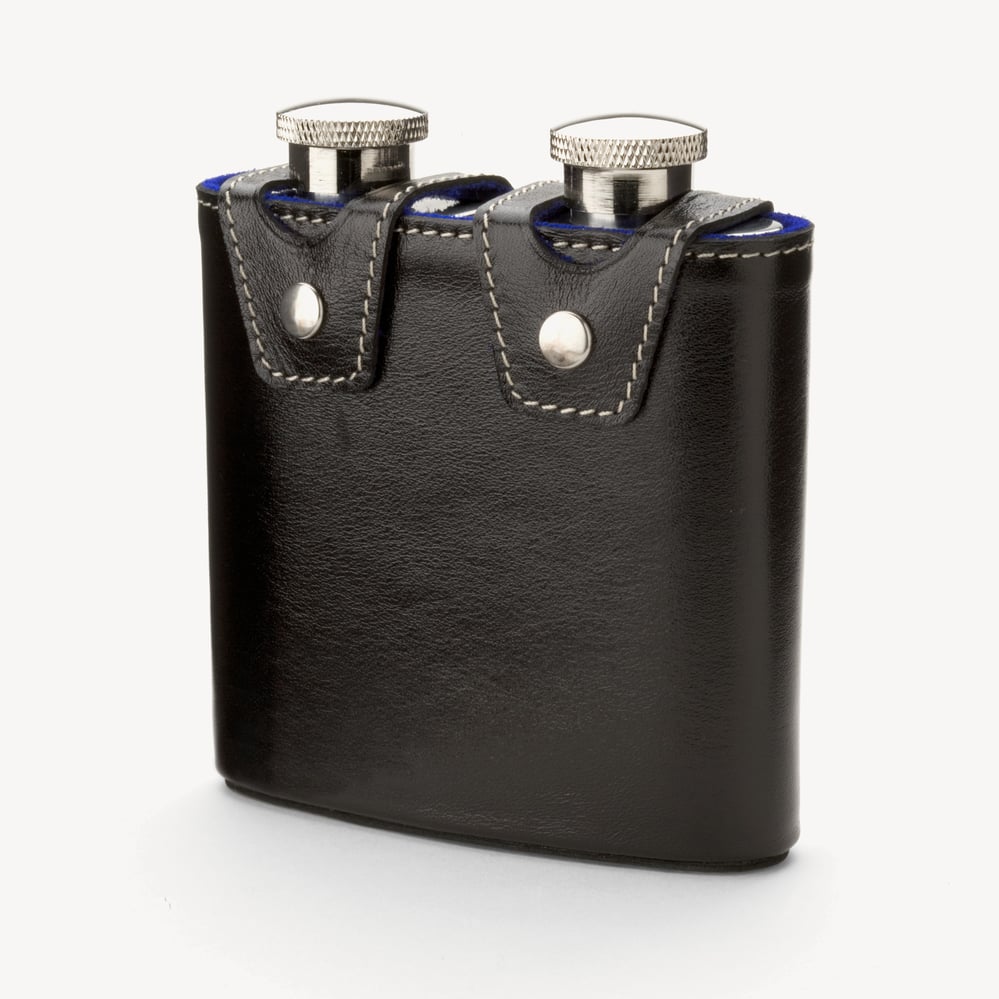 Double 6oz Leather Hip Flask Smooth Black & Cobalt Blue Suede