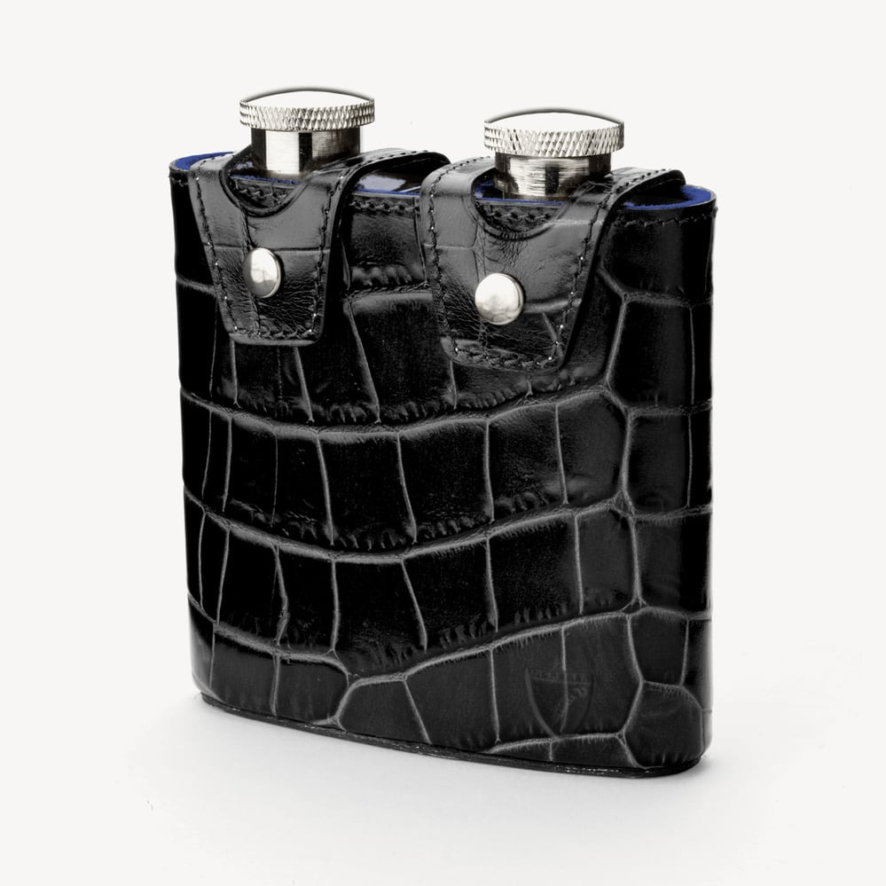 Double 6oz Leather Hip Flask Deep Shine Black Croc & Cobalt Blue Suede