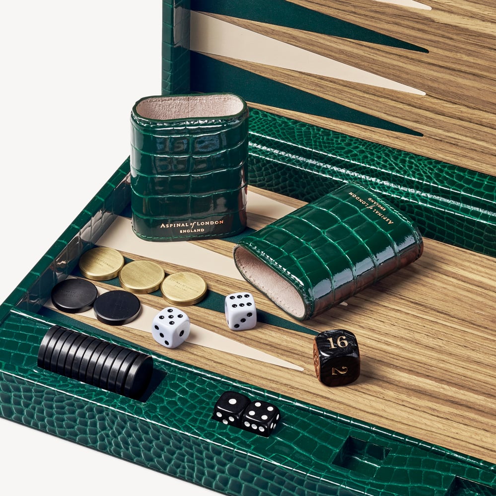 Grand 17-inch Backgammon Set Evergreen Patent Croc