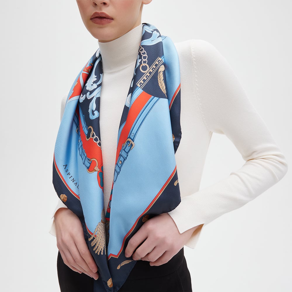 Aspinal Signature Shield Silk Scarf Navy & Burnt Sienna Pure Silk