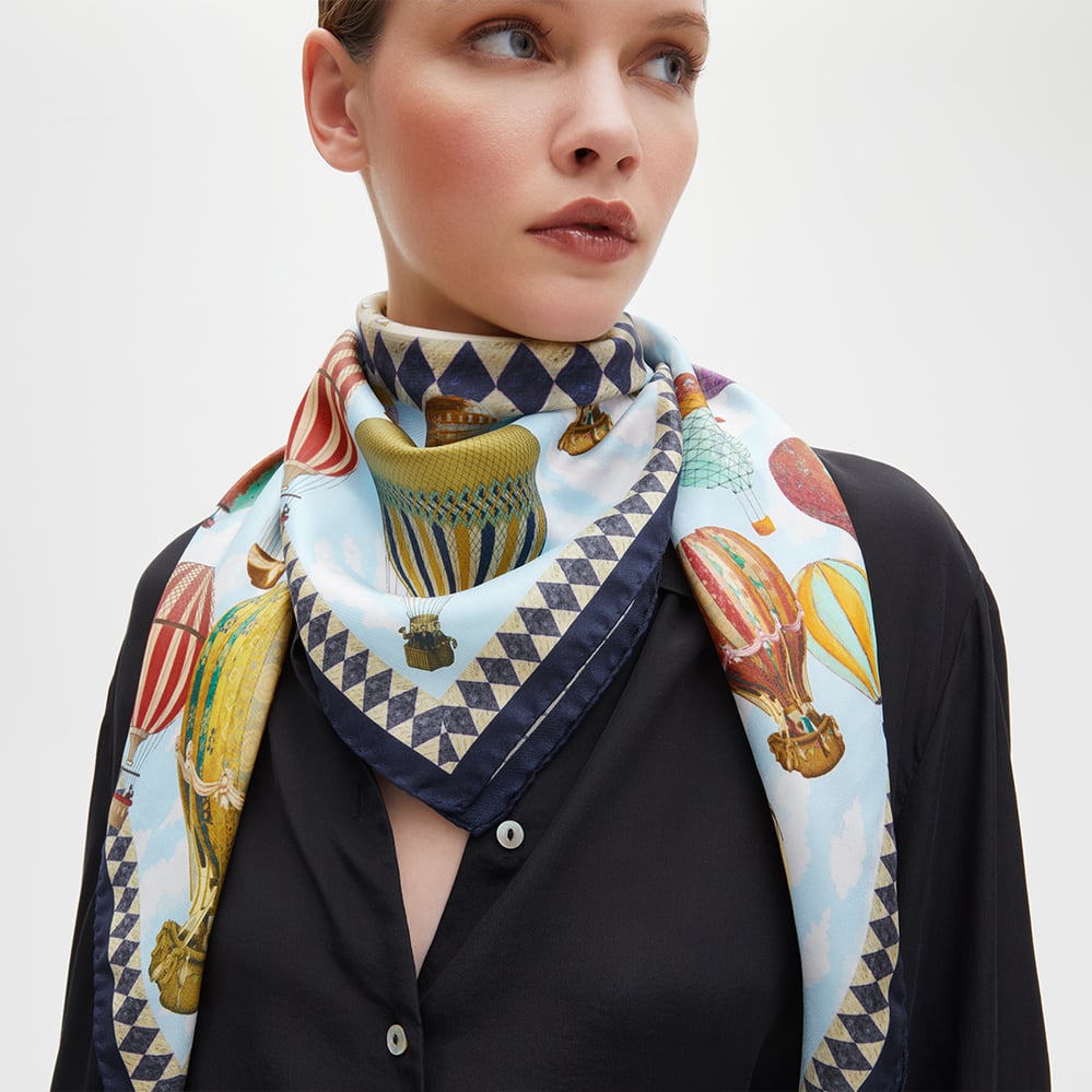 Hot Air Balloon Silk Scarf Navy Pure Silk