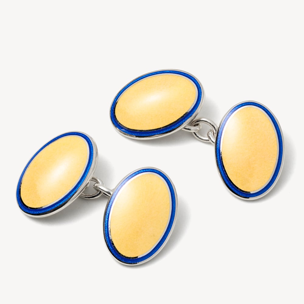 Vitreous Enamel Cufflinks Navy & Yellow Enamel set in Sterling Silver 925