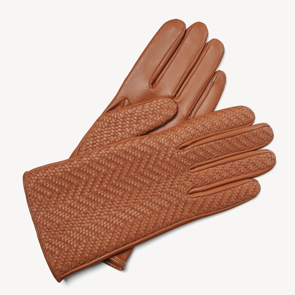 Women's Chevron Woven Leather Gloves Tan Nappa