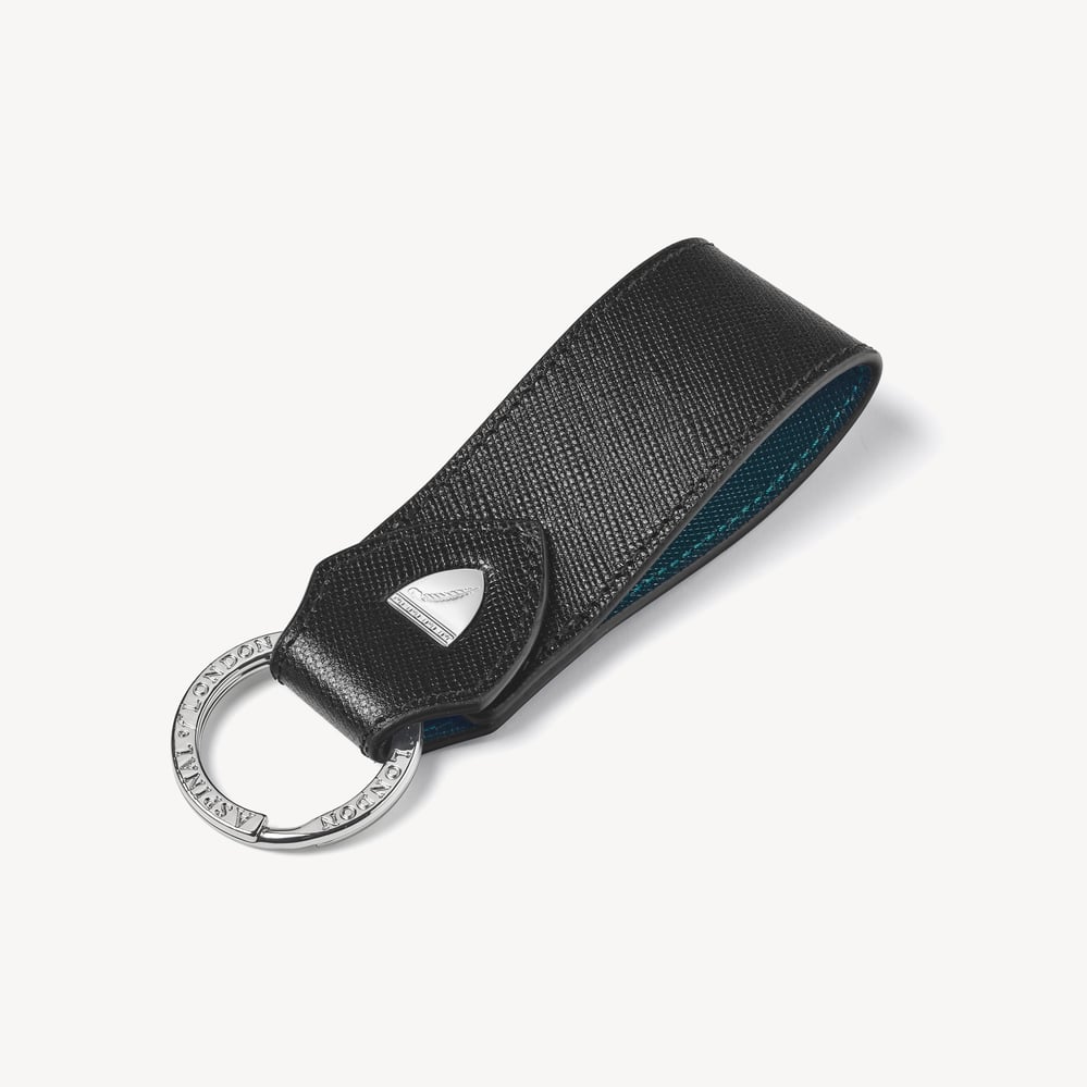 Small Leather Loop Keyring Black & Green Saffiano