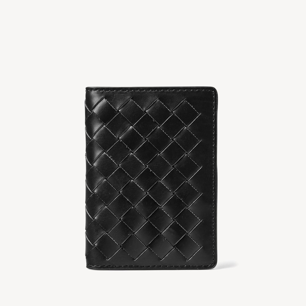 Double Fold Credit Card Holder Black Woven Leather