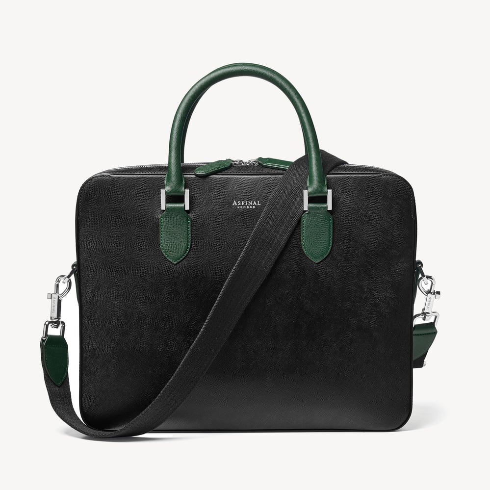 Slim Leather Briefcase Black & Green Saffiano