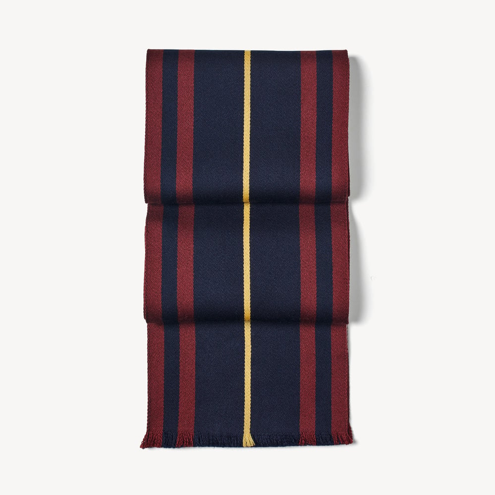 Striped Merino Wool Scarf Navy & Burgundy with Yellow Stripe