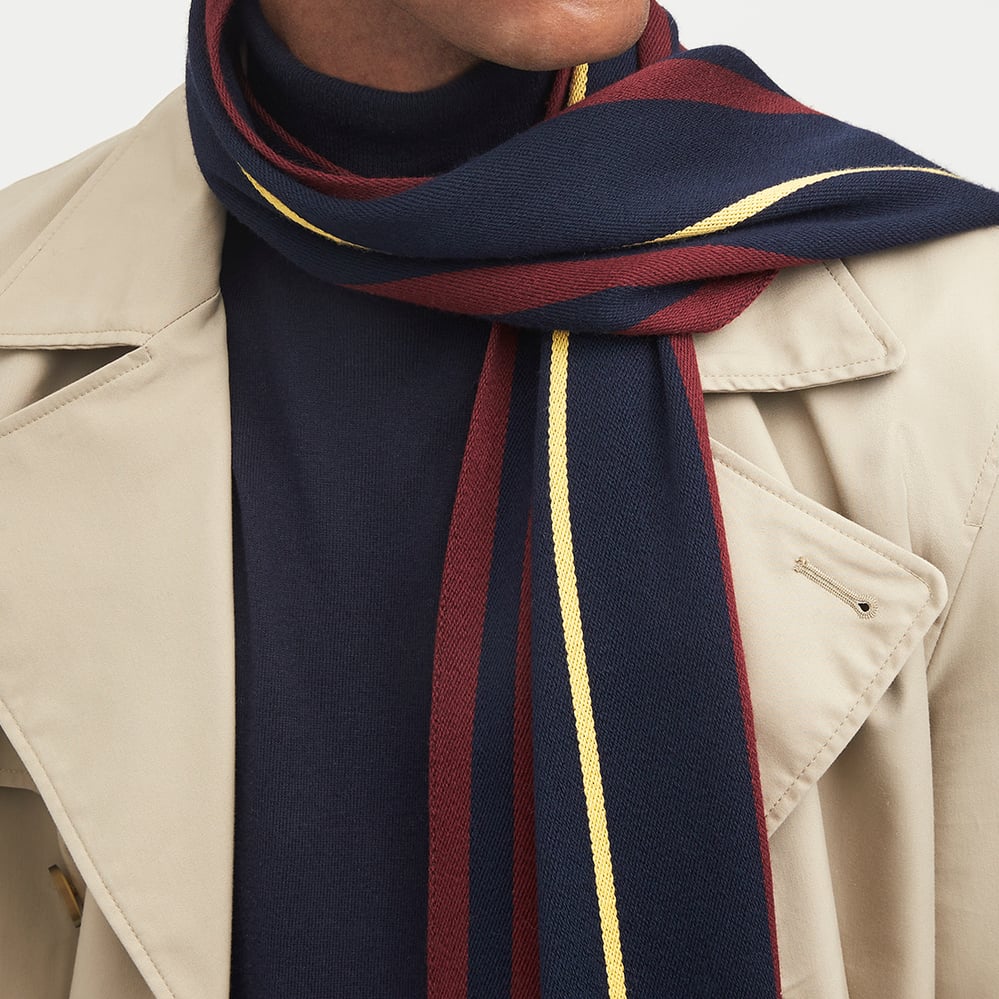 Striped Merino Wool Scarf Navy & Burgundy with Yellow Stripe