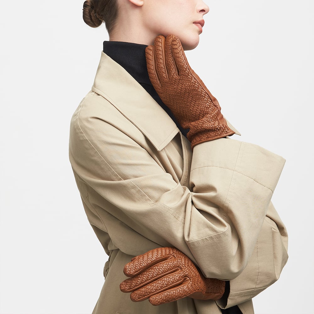 Women's Chevron Woven Leather Gloves Tan Nappa