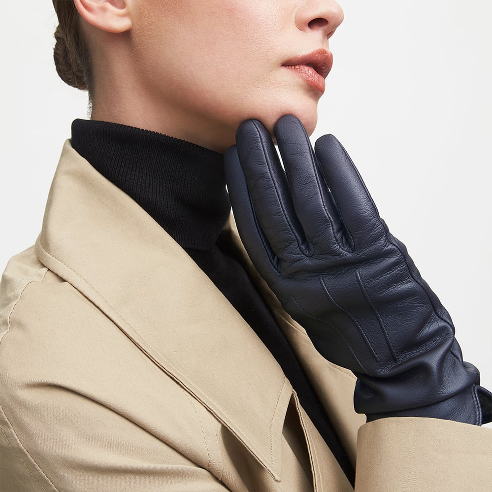 Women's Cashmere Lined Leather Gloves Navy Nappa