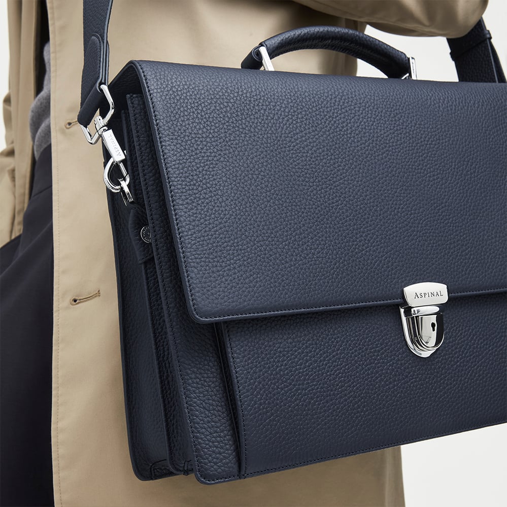 City Leather Briefcase Navy Pebble