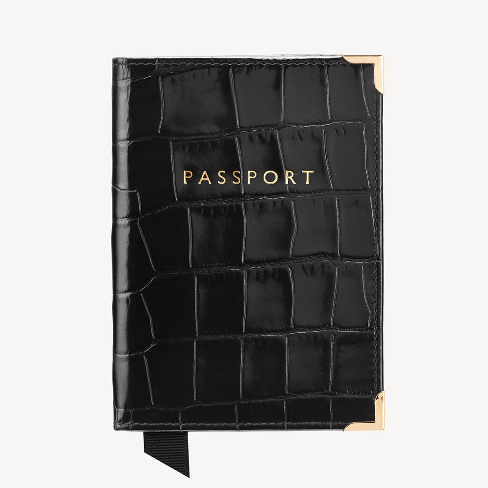Passport Cover Deep Shine Black Croc & Red Suede