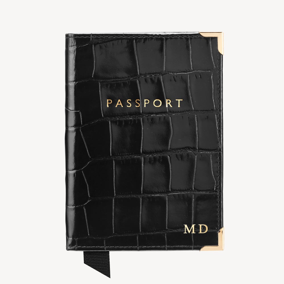 Passport Cover Deep Shine Black Croc & Red Suede
