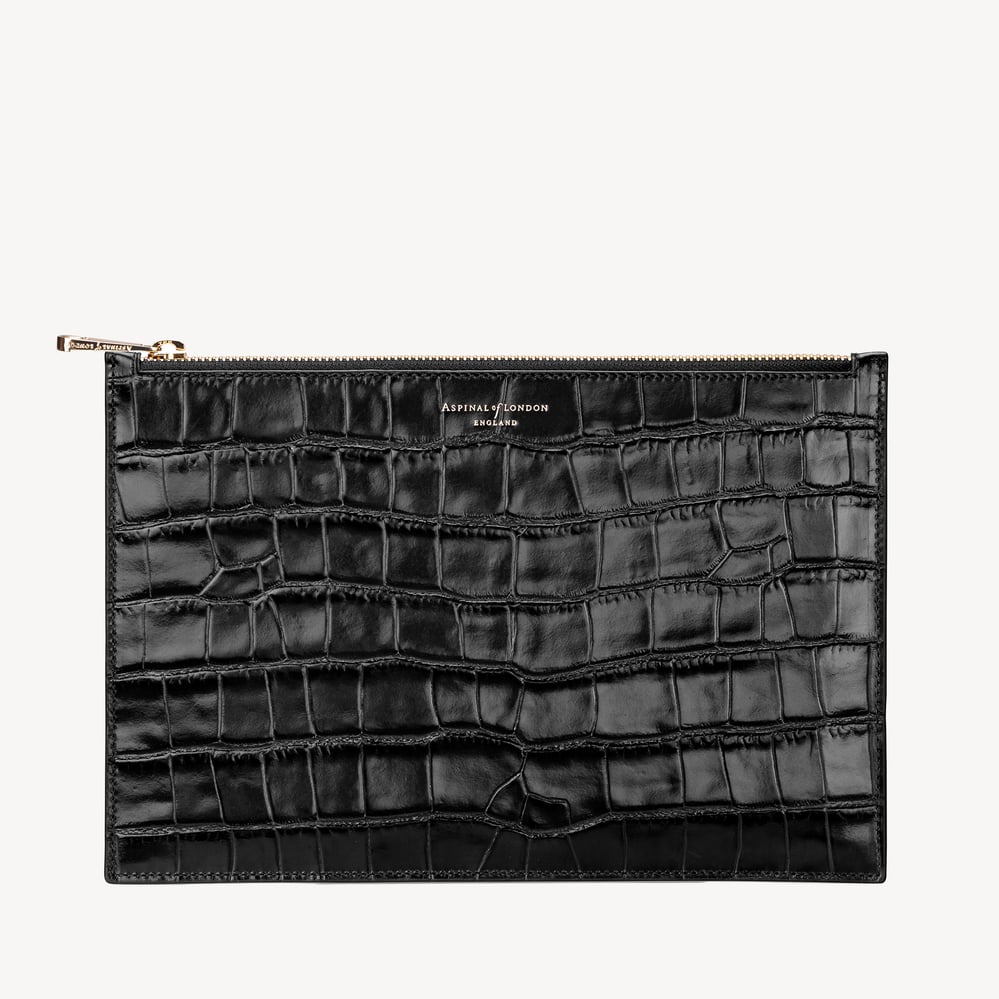 Large Essential Flat Pouch Deep Shine Black Croc