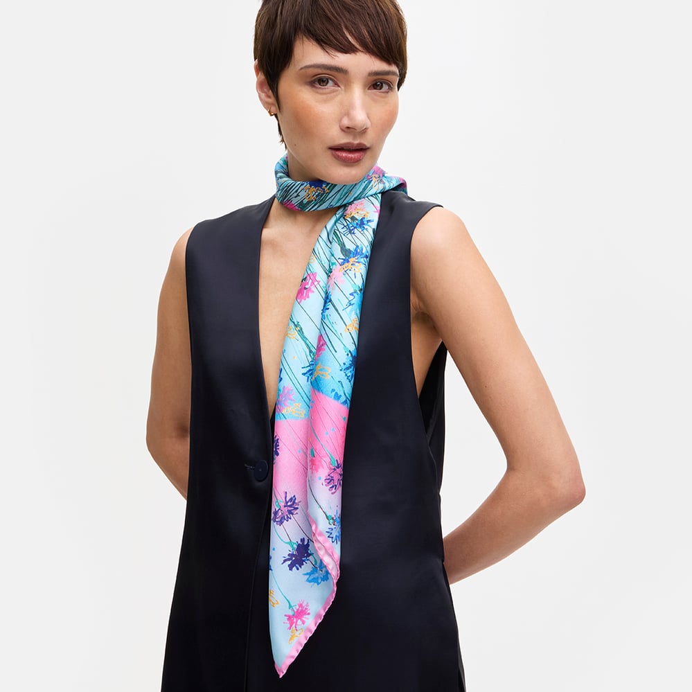 Our Planet of Bees Silk Scarf Candy Pink & Cornflower Blue Pure Silk
