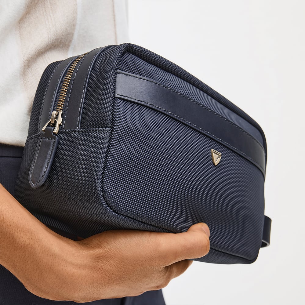 Men's Wash Bag Navy Nylon Canvas with Leather Trim