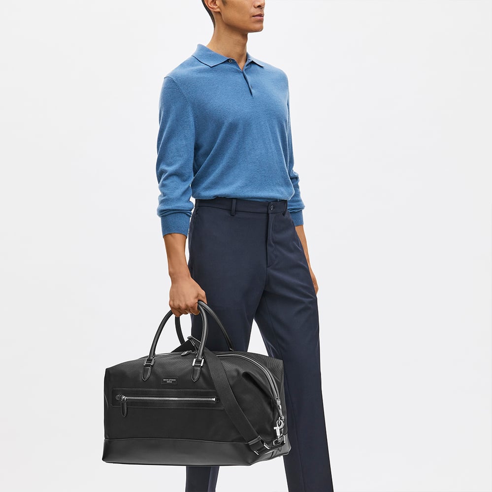 Men's Holdall Black Nylon Canvas with Leather Trim