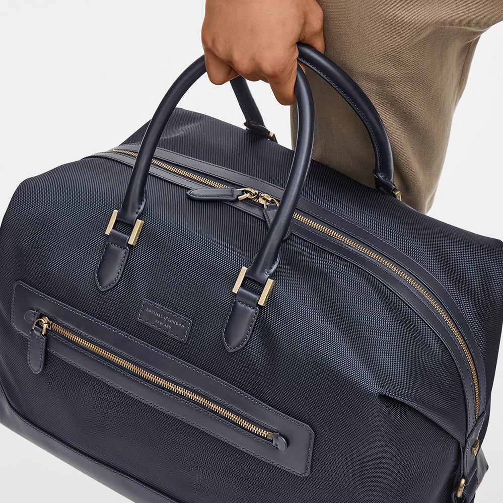 Men's Weekend Bag Navy Nylon Canvas with Leather Trim