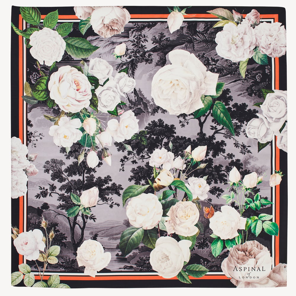 Roses of the Orient Silk Scarf Black & White Pure Silk