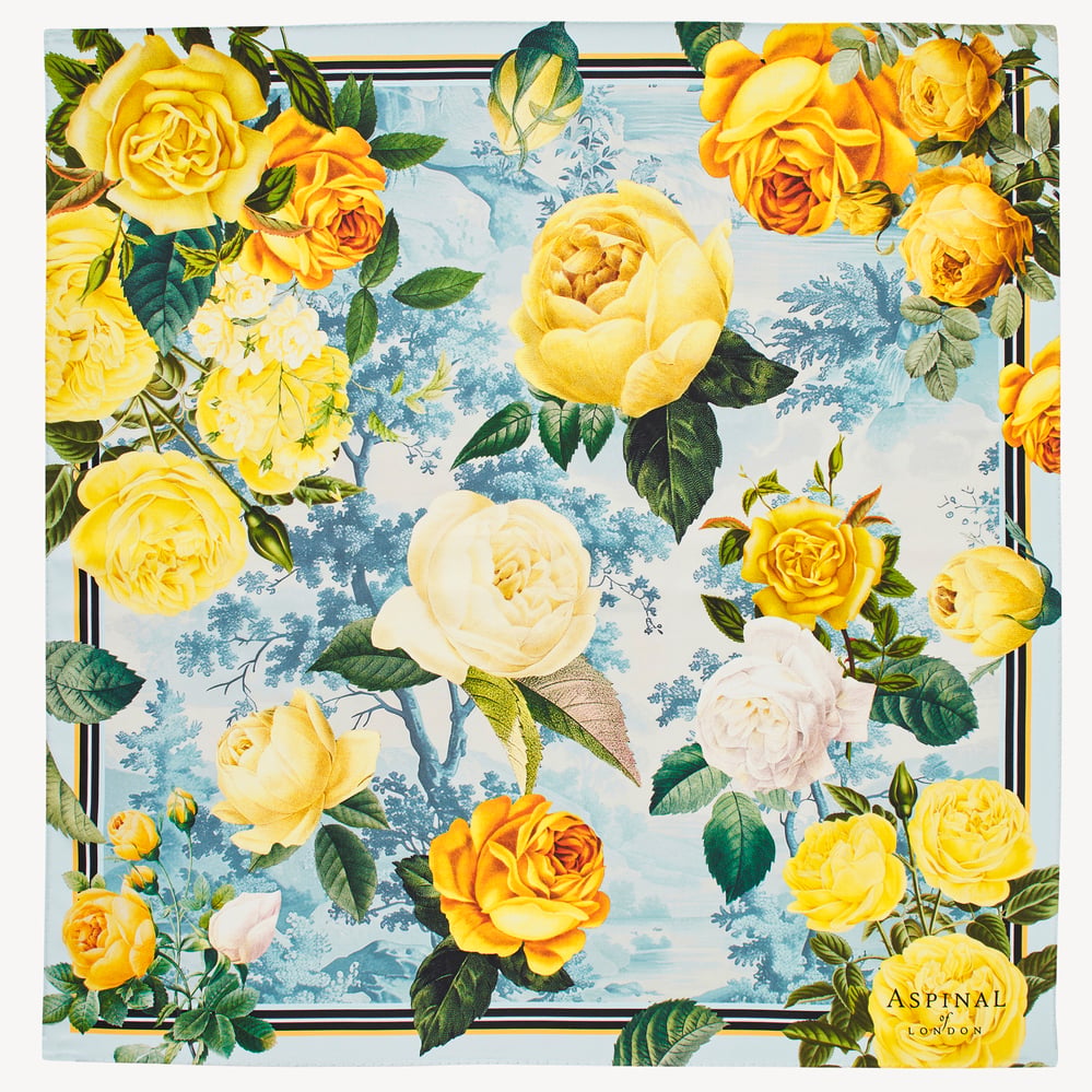 Roses of the Orient Silk Scarf Yellow & Blue Pure Silk