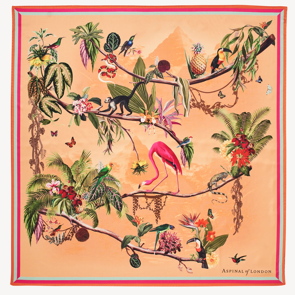 Tropical Garden Silk Scarf Orange Pure Silk