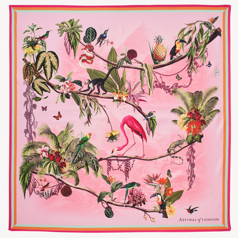 Tropical Garden Silk Scarf Pink Pure Silk