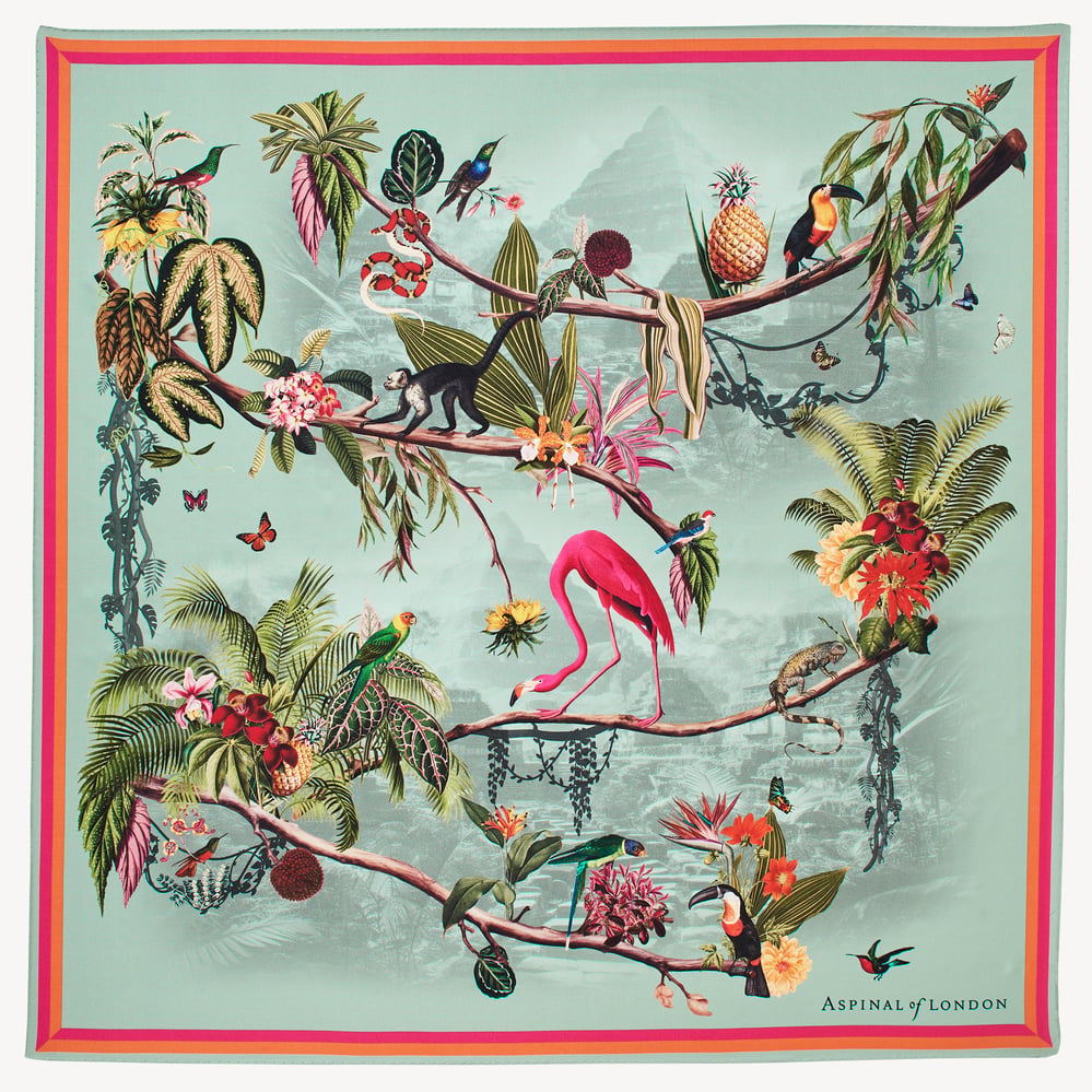 Tropical Garden Silk Scarf Teal Pure Silk
