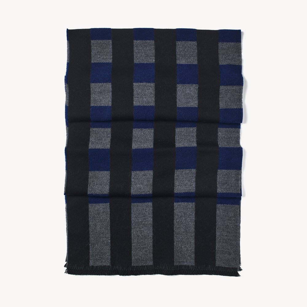 Exploded Check Wool Scarf Navy, Black, & Grey Pure Wool