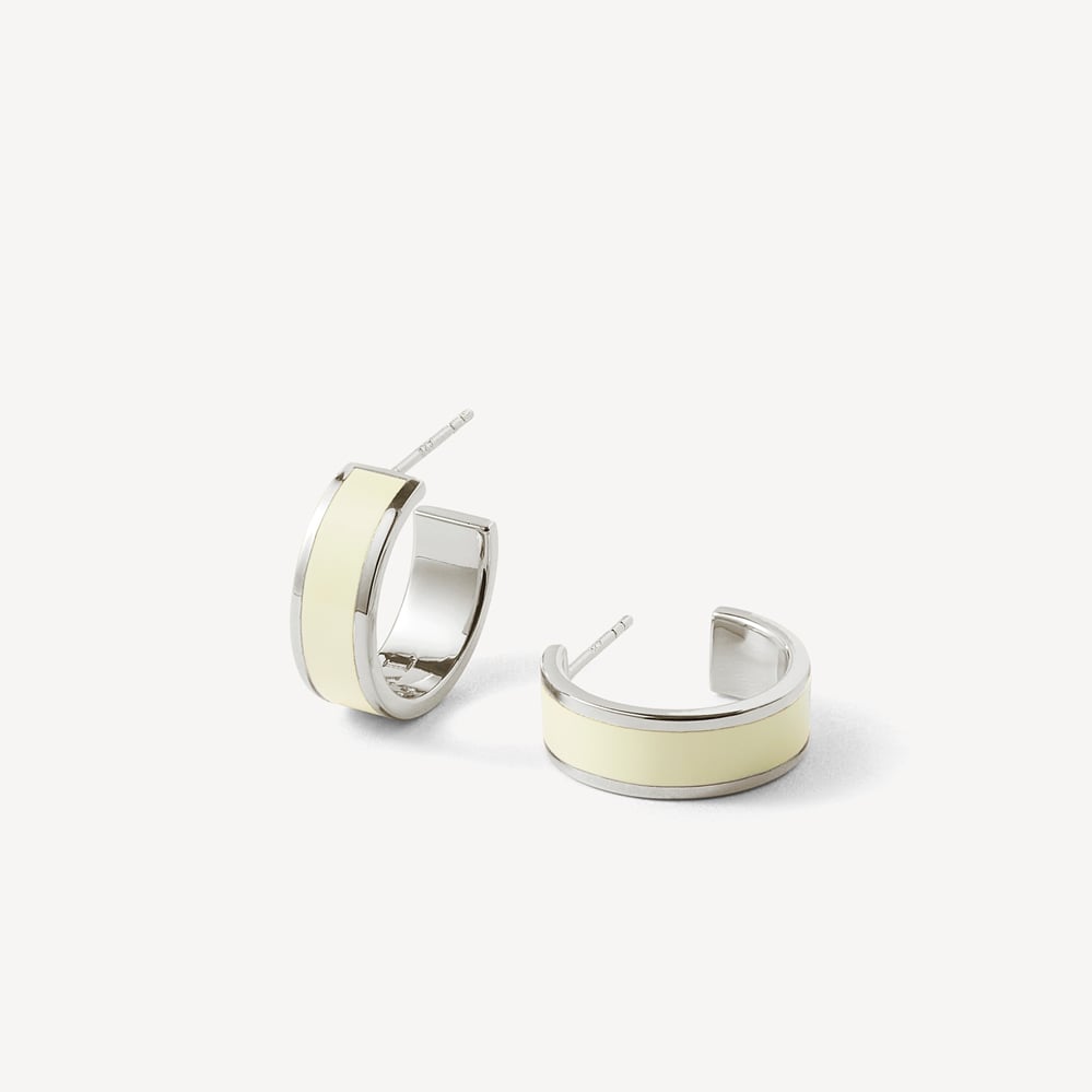 Enamel Hoop Earrings Ivory Enamel & Palladium Silver Plated