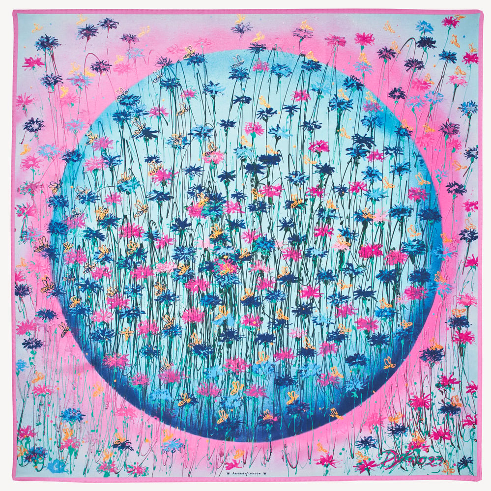 Our Planet of Bees Silk Scarf Candy Pink & Cornflower Blue Pure Silk