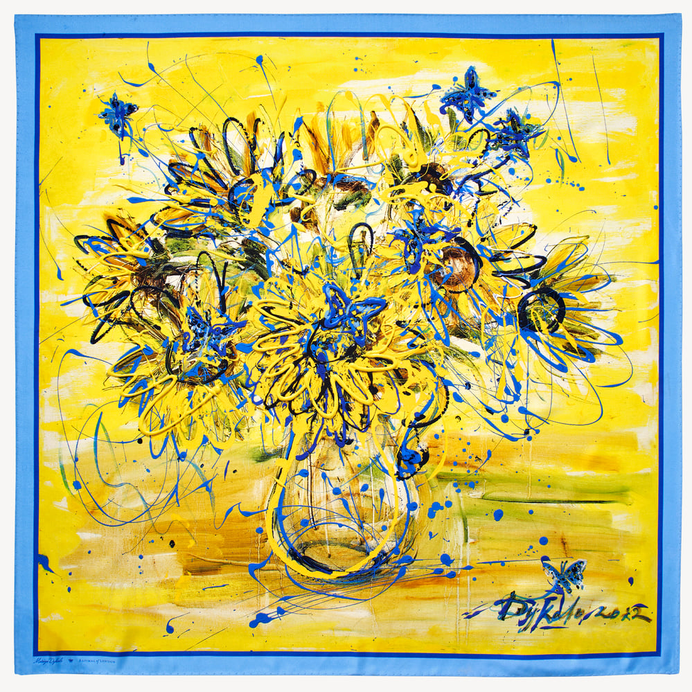 Sunflowers & Butterflies Silk Scarf Yellow & Blue Pure Silk