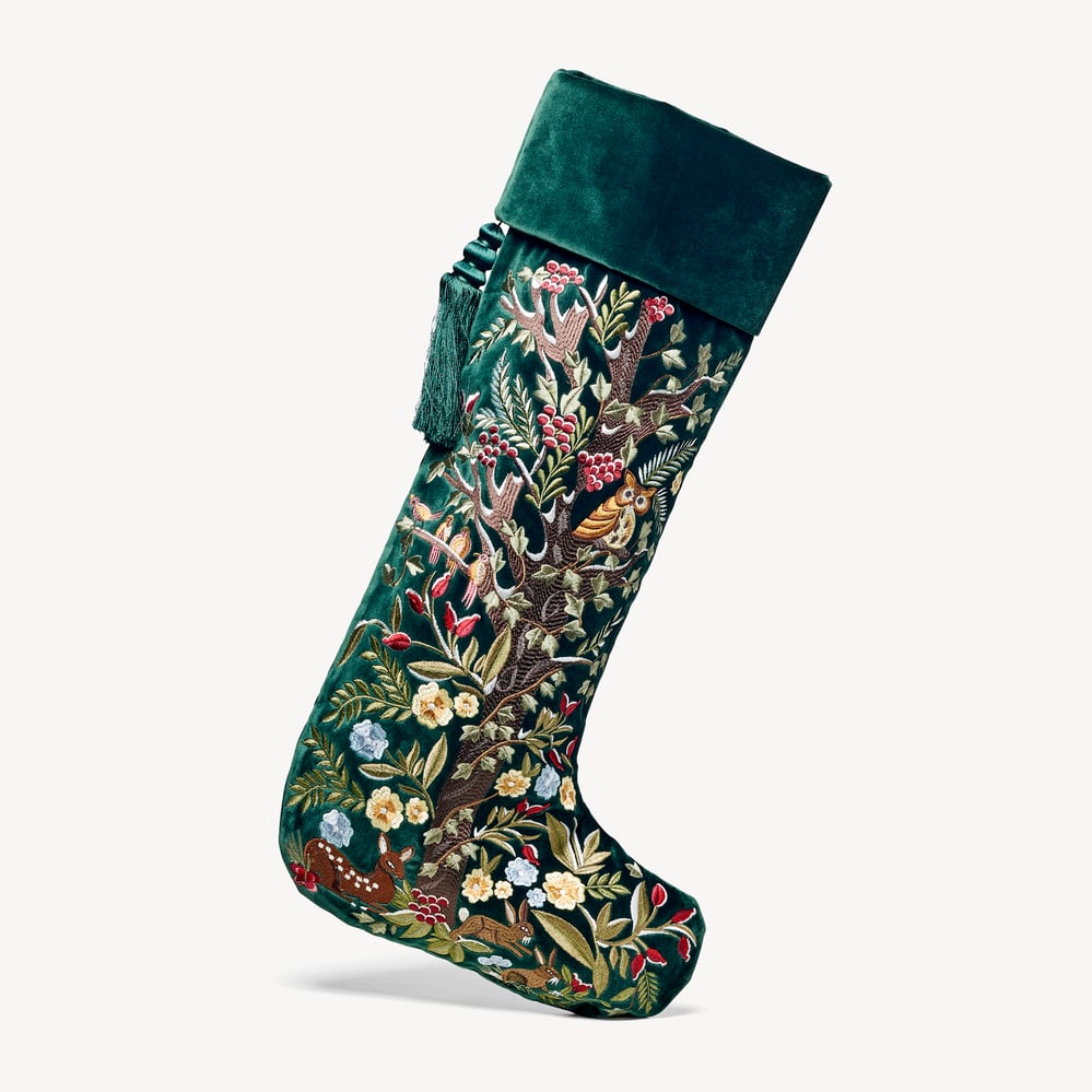 Luxury Personalised Christmas Stocking Woodland Embroidery on Evergreen Velvet