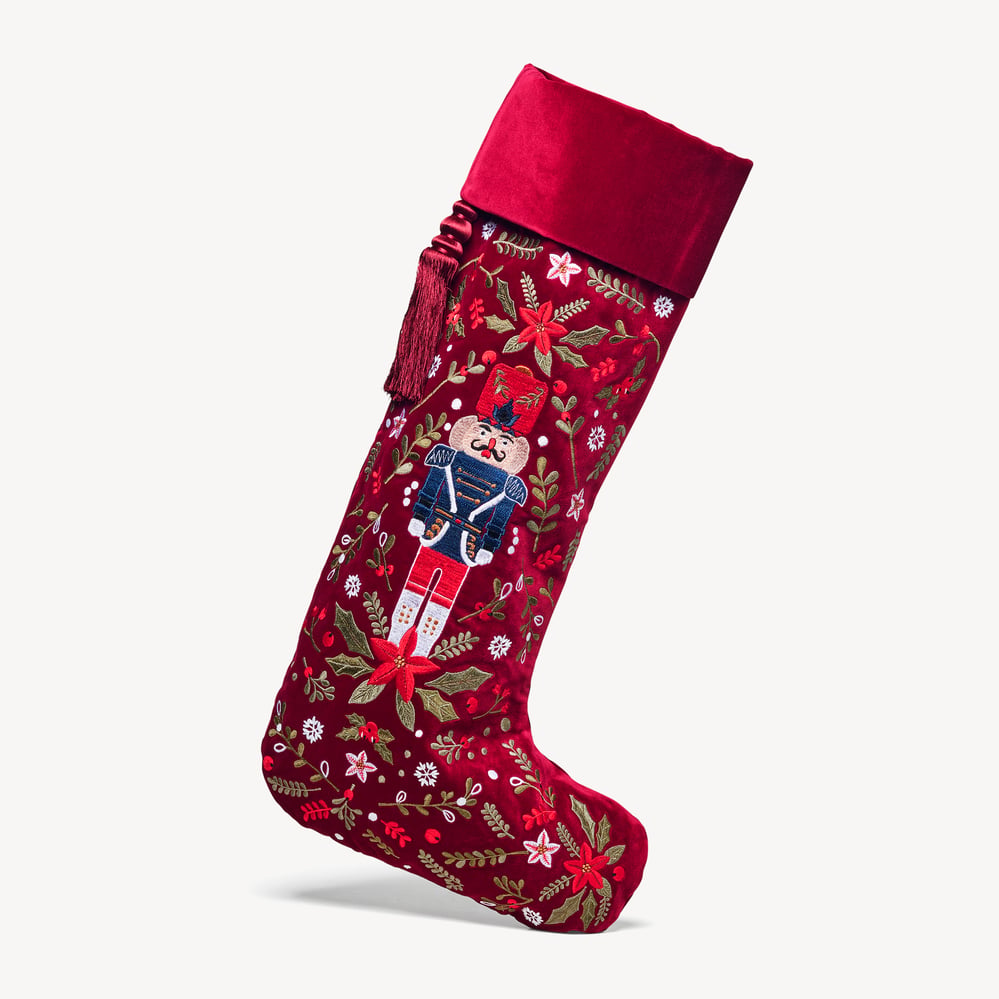 Luxury Personalised Christmas Stocking Nutcracker Soldier Embroidery on Red Velvet