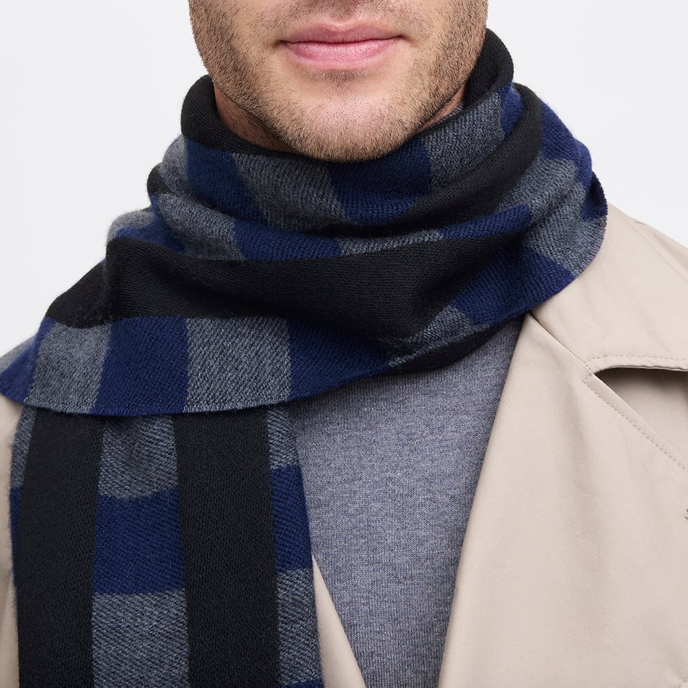 Exploded Check Wool Scarf Navy, Black, & Grey Pure Wool