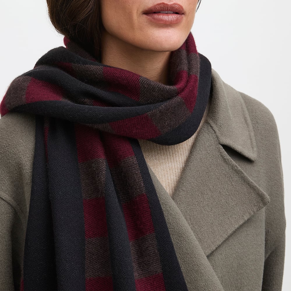 Exploded Check Wool Scarf Merlot, Black & Chocolate Pure Wool