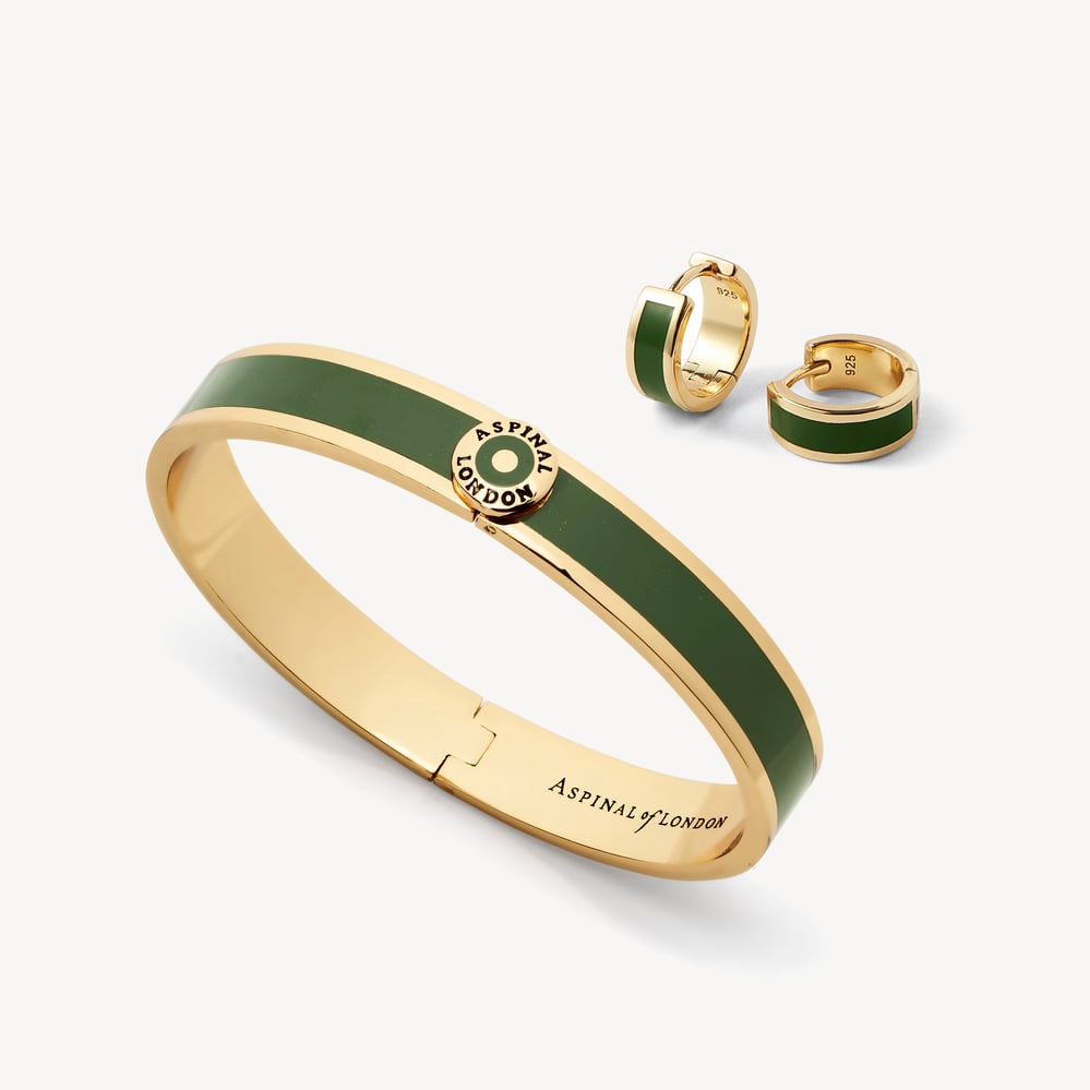 Enamel Earrings & Bangle Set Racing Green Enamel & 18ct Gold Plated