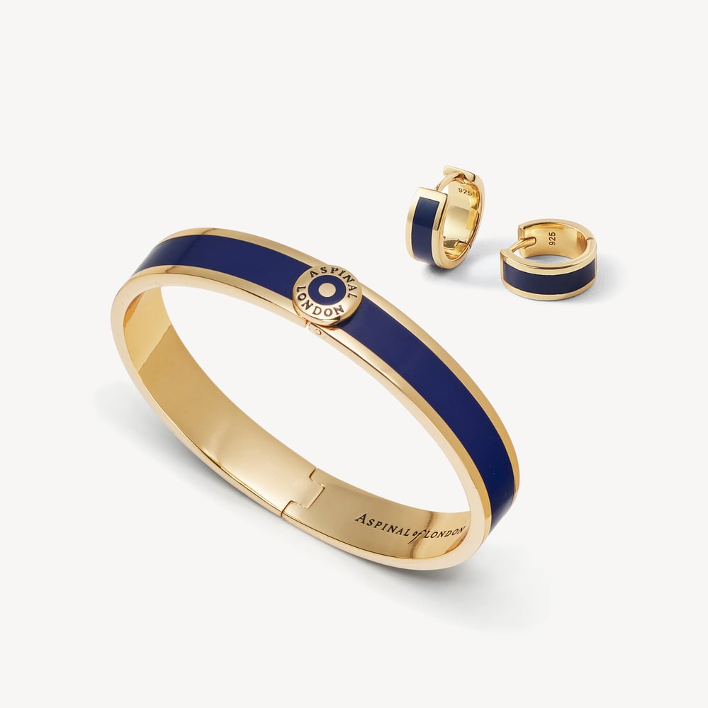 Enamel Earrings & Bangle Set Navy Enamel & 18ct Gold Plated