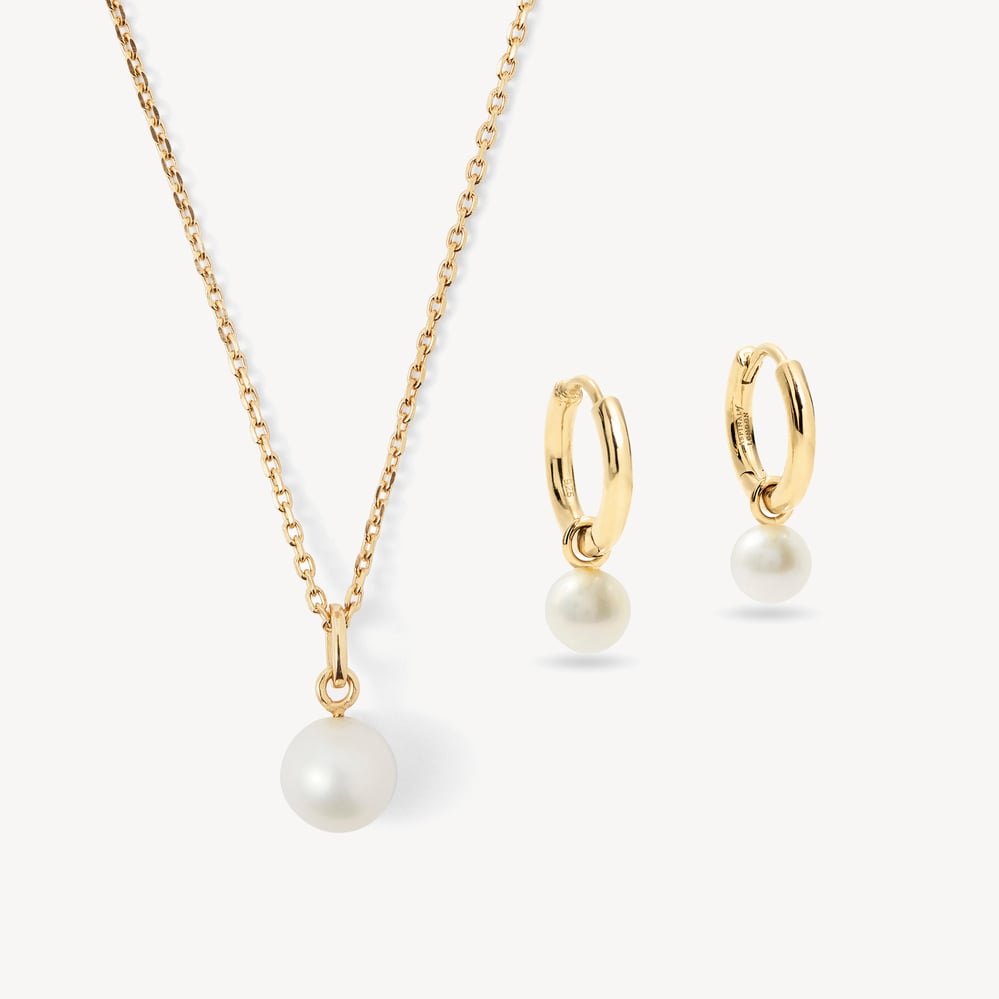 Pearl Pendant Necklace & Earrings Set Freshwater Pearl & 18ct Gold Vermeil