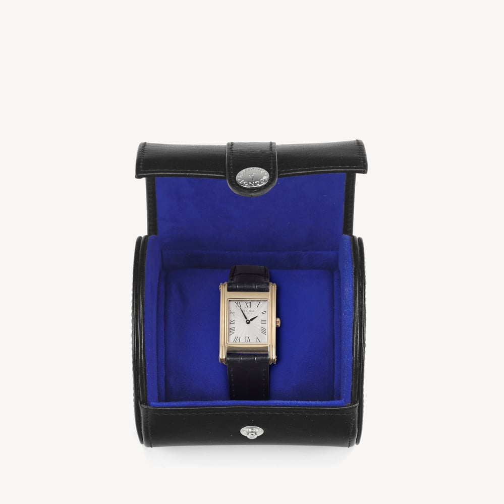 Travel Watch Roll Smooth Black & Cobalt Blue Suede