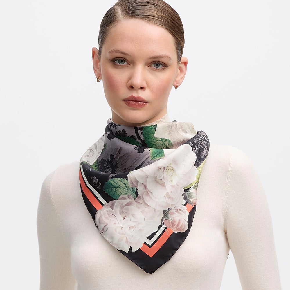 Roses of the Orient Silk Scarf Black & White Pure Silk