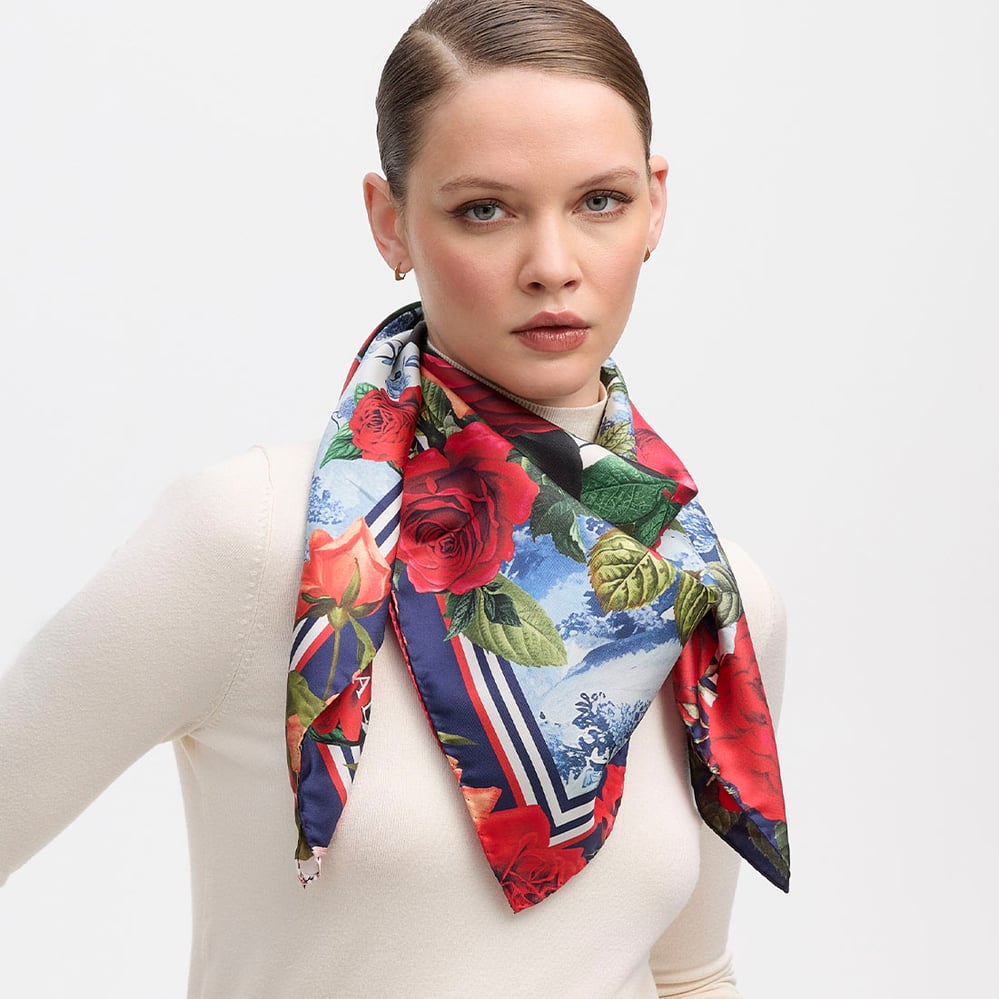 Roses of the Orient Silk Scarf Red & Navy Pure Silk